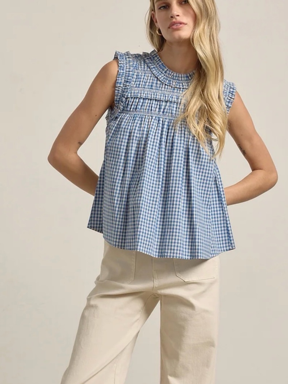 Blue Gingham Smocked Sleeveless Top